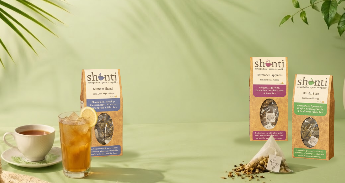 Shanti herbal tea range on a summer background
